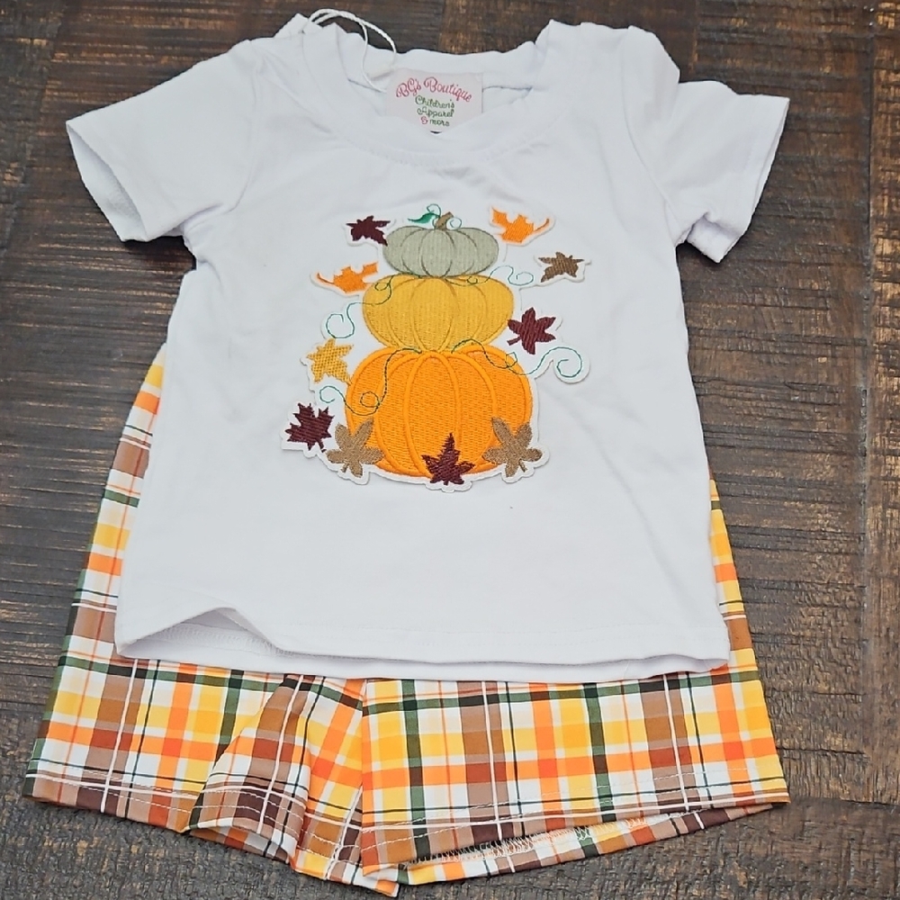 White Pumpkin Embroidered T-Shirt with Plaid Shorts